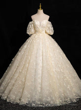 Champagne Flower Short Sleeve Quinceanera Dress